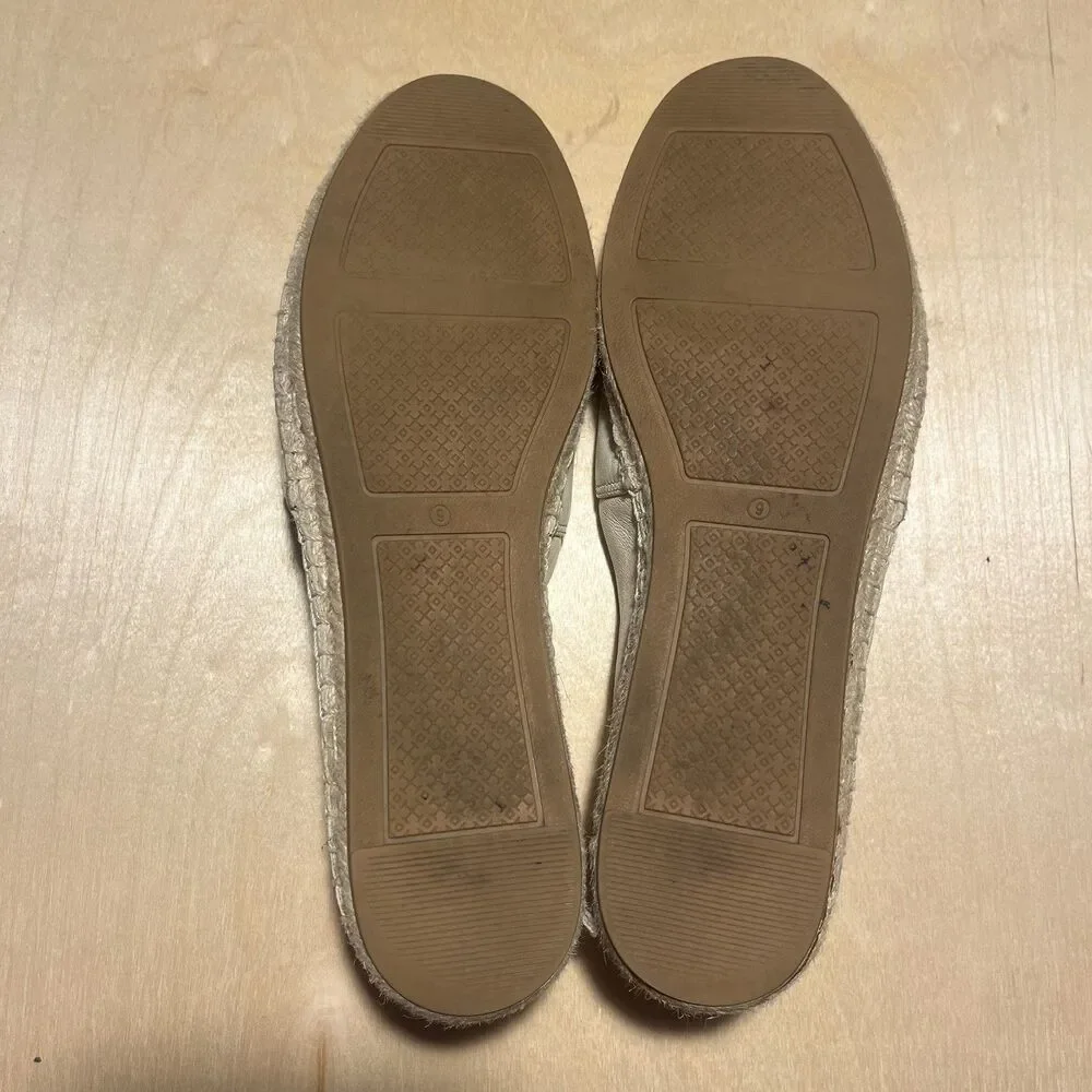 Tory Burch Women's Cream Leather Espadrille Flats Round Toe Slip-On Logo US 9
